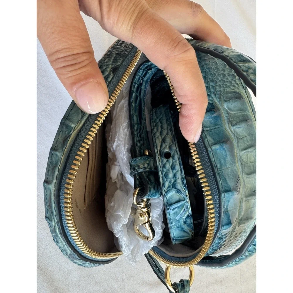 Brahmin Mantle Lane Lagoon Straw Circle Blue Green Leather Crossbody NEW